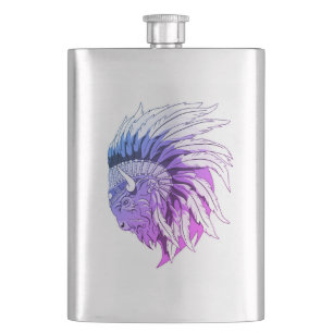 Buffalo Head With indian Headdress Hip Flask