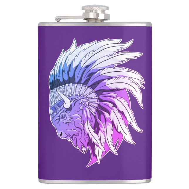 Buffalo Head With indian Headdress Hip Flask (Front)