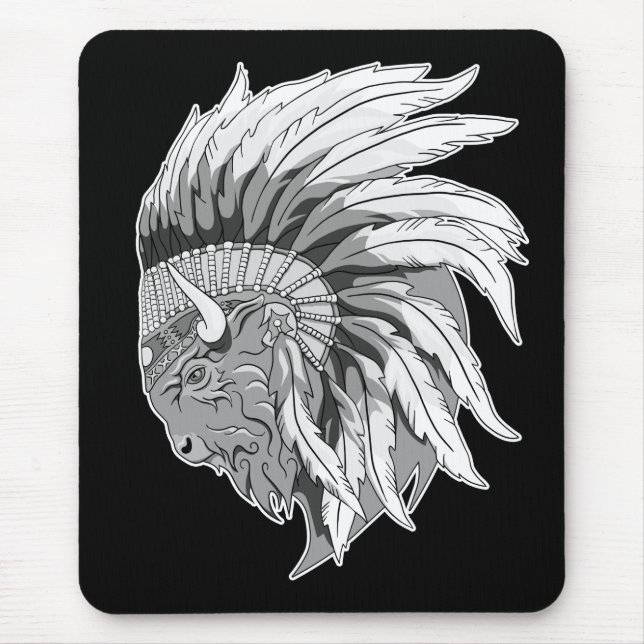 Buffalo Head With indian Headdress Mouse Pad (Front)