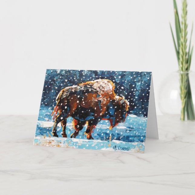 Buffalo in Snow Folded Greeting Card Winter Snow (Front)