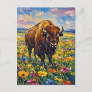 Buffalo in Wildflowers field Abstract art painting Postcard