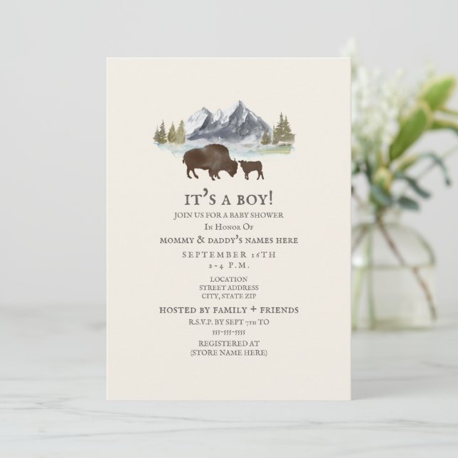 Buffalo Mama Mountain Watercolor Baby Shower  Invitation (Standing Front)
