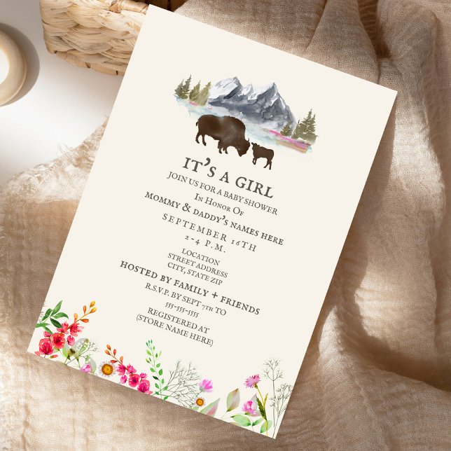 Buffalo Mama Mountain Wildflower Baby Shower Invitation (Creator Uploaded)
