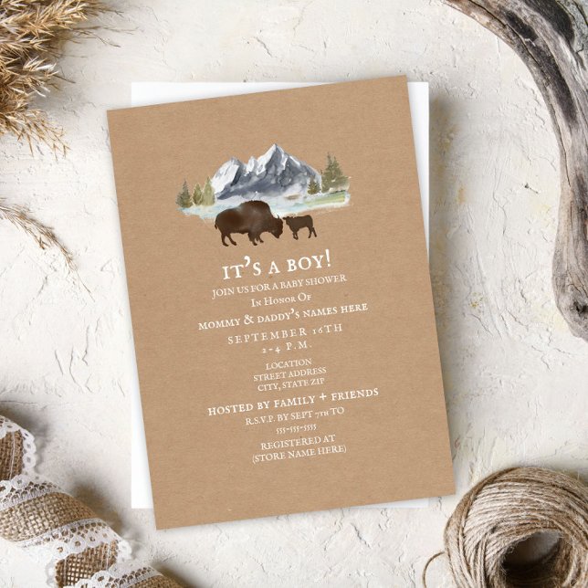 Buffalo Mama Mountains Watercolor Baby Shower Invitation (Creator Uploaded)