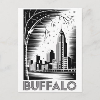 Buffalo New York Skyline Black White Woodcut Holiday Postcard