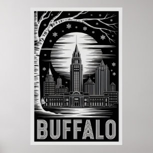 Buffalo New York Skyline Black White Woodcut Poster