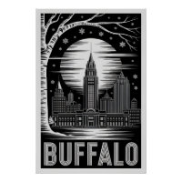 Buffalo New York Skyline Black White Woodcut