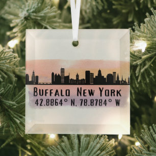 Buffalo NY City Skyline Latitude and Longitude  Glass Tree Decoration