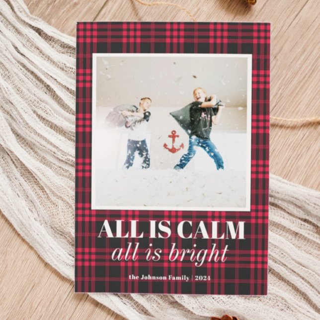 Buffalo Plaid "All is Calm" Funny Photo Christmas Holiday Card (Creator Uploaded)