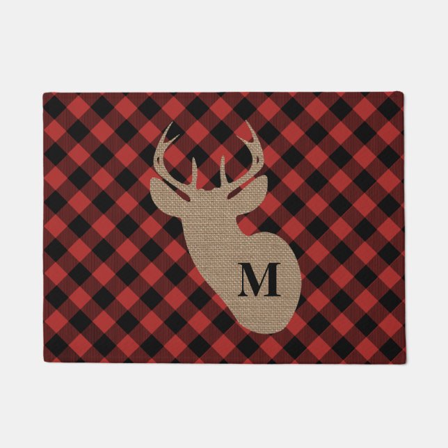 Buffalo Plaid and Burlap Monogram Deer Door Mat (Front)