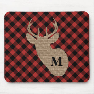 Buffalo Plaid and Burlap Monogram Deer Mouse Pad