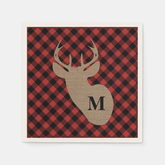 Buffalo Plaid and Burlap Monogram Deer Napkin (Front)