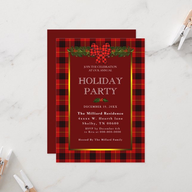 Buffalo Plaid And Garland Holiday  Invitation (Front/Back In Situ)