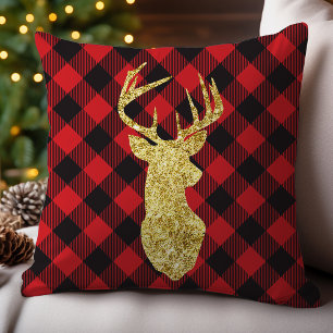 Buffalo Plaid and Gold Deer Christmas Cushion