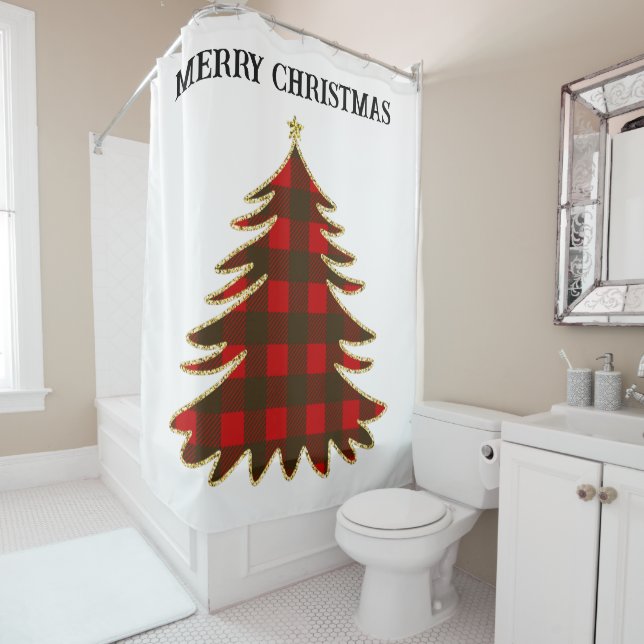 Buffalo Plaid and Gold Glitter Christmas Tree  Shower Curtain (In Situ)