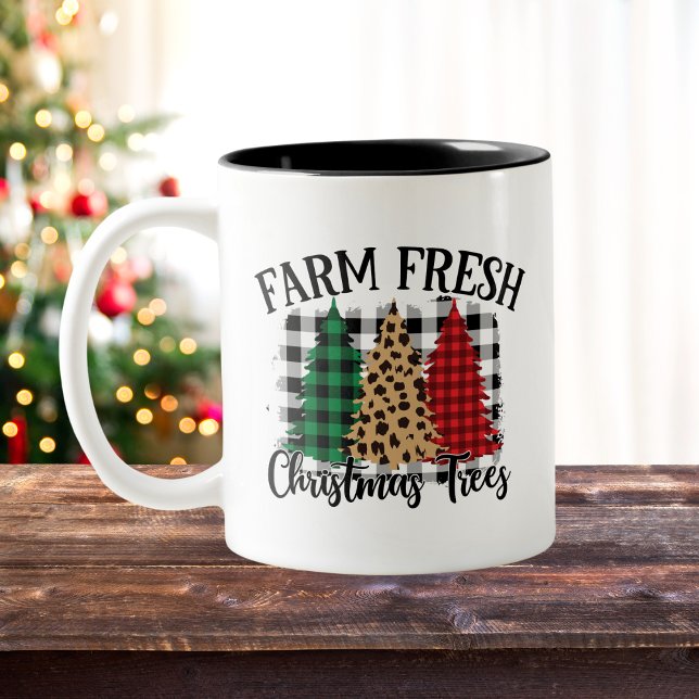 Buffalo Plaid and Leopard Print Chistmas Trees Two-Tone Coffee Mug (Creator Uploaded)
