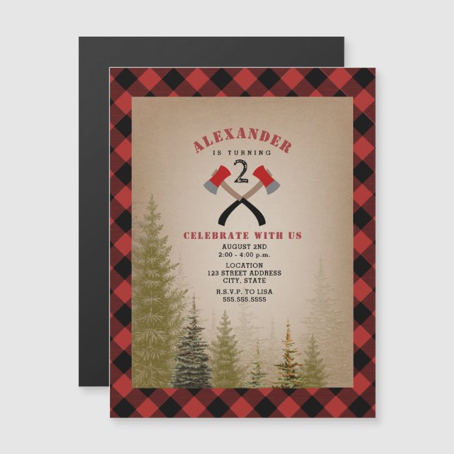 Buffalo Plaid Axe Woodland Lumberjack Birthday Magnetic Invitation (Front/Back)