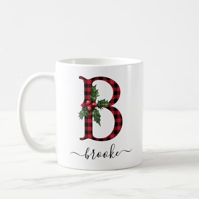Buffalo Plaid B Monogram Christmas Coffee Mug (Left)