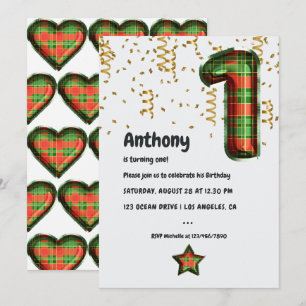 Buffalo Plaid Balloon 1st Birthday Invitation