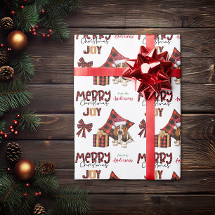Buffalo Plaid Basset Hound Puppy Christmas Wrapping Paper