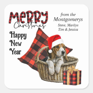 Buffalo Plaid Beagle Puppy Christmas Square Sticker