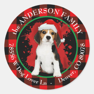 Buffalo Plaid Beagle Puppy Return Address Classic Round Sticker