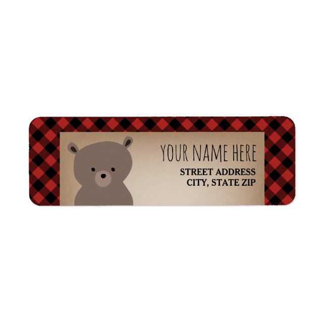 Buffalo Plaid Bear Baby Shower Return Address Label (Front)