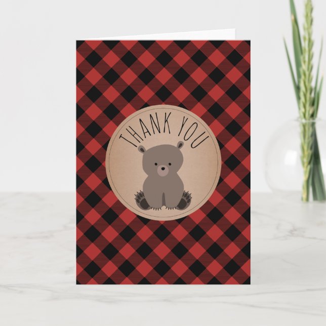 Buffalo Plaid Bear Cub Baby Shower Thank You Card (Front)