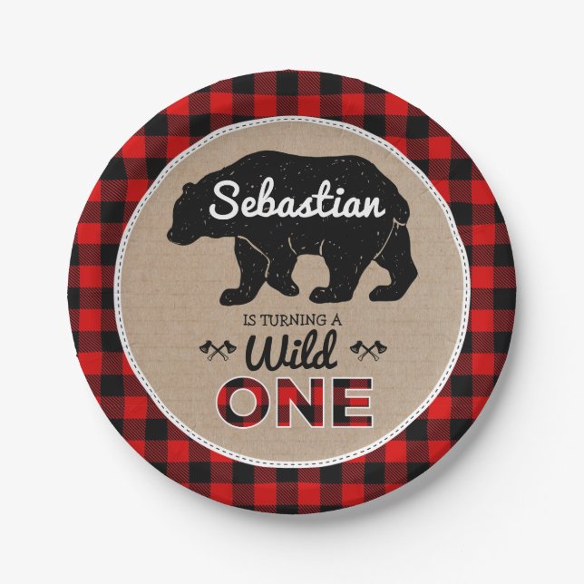 Buffalo Plaid Bear Lumberjack Wild One Birthday Paper Plate (Front)