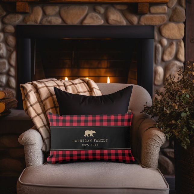 Buffalo Plaid Bear Personalised Family Pillow (Creator Uploaded)