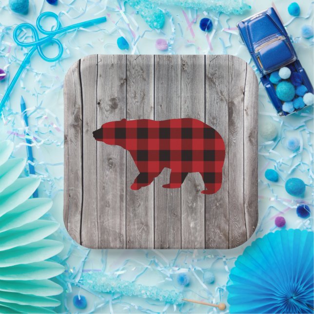 buffalo plaid bear wild one 1st birthday party paper plate (Party)