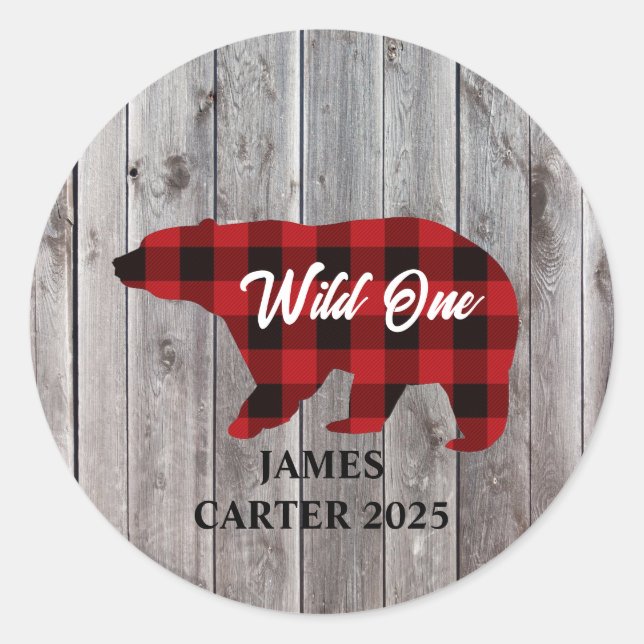 Buffalo Plaid Bear Wild One Boy 1st Birthday Party Classic Round Sticker (Front)