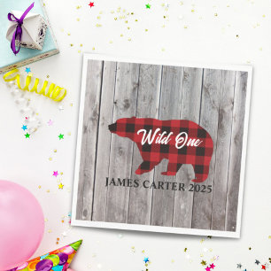 Buffalo Plaid Bear Wild One Boy 1st Birthday Party Napkin