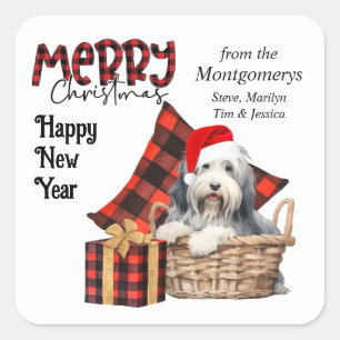 Buffalo Plaid Bearded Collie Puppy Holiday Square Sticker