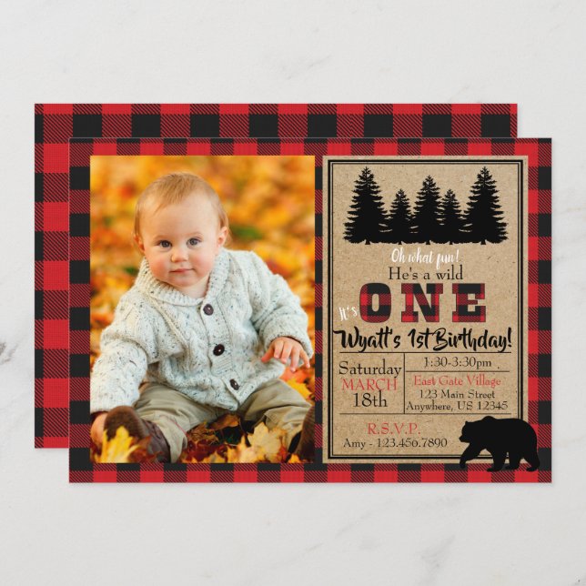 Buffalo Plaid Birthday Photo Invitation (Front/Back)