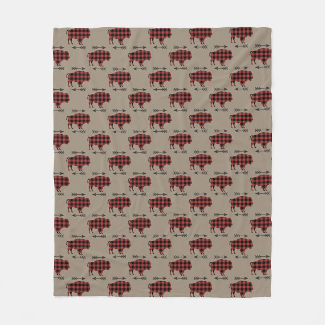 Buffalo Plaid Bison on Tan Pattern Fleece Blanket (Front)