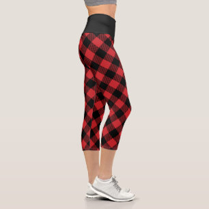 Buffalo Plaid Black And Red Chequered Pattern Capri Leggings