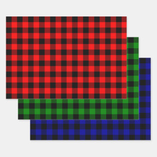 Buffalo Plaid Black and Red, Green and  Blue Wrapping Paper Sheet