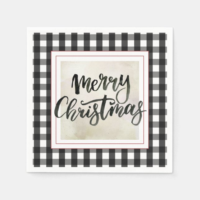 Buffalo Plaid Black and White Christmas Paper Napkin (Front)