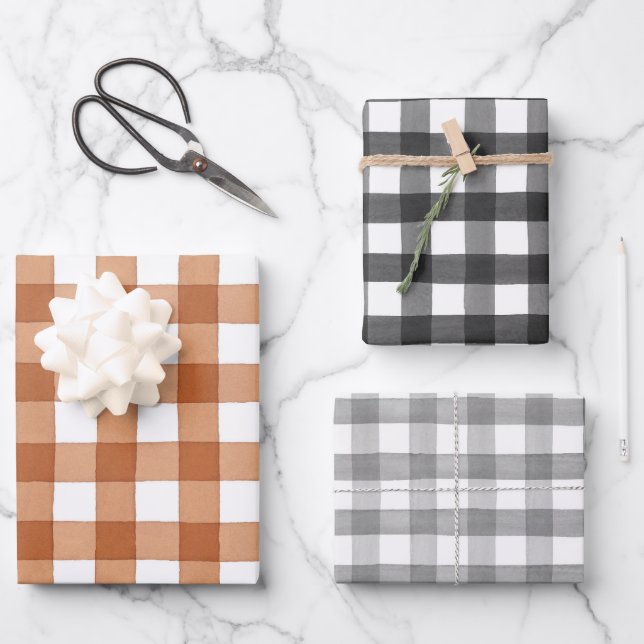 Buffalo Plaid Black, Burnt Orange and Grey Gingham Wrapping Paper Sheet (Front)