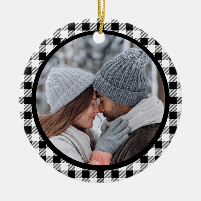 Buffalo Plaid Black White Fall Ceramic Ornament (Front)