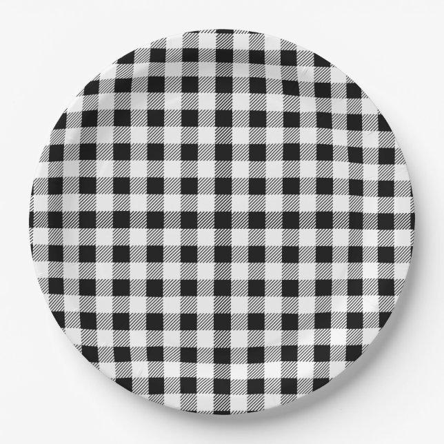 Buffalo Plaid Black White Fall Paper Plate (Front)