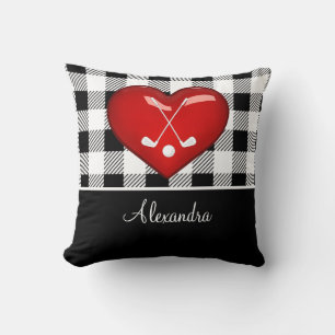 Buffalo Plaid Black White golf clubs red heart Cushion