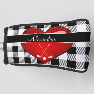  Buffalo Plaid Black white golf clubs red heart Go Golf Head Cover
