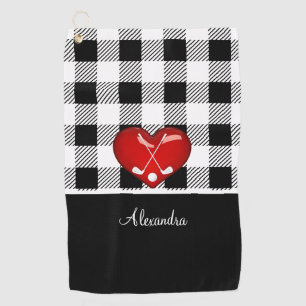  Buffalo Plaid Black white golf clubs red heart  Towel
