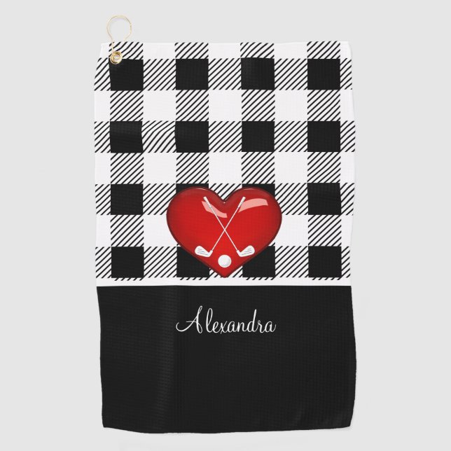  Buffalo Plaid Black white golf clubs red heart  Towel (Front)