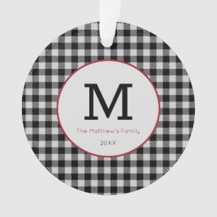 Buffalo Plaid Black White Red Modern Monogram Ornament