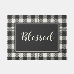 Buffalo Plaid Blessed Grey Black and Cream Doormat
