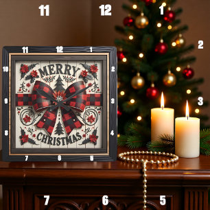 Buffalo Plaid Bow Merry Christmas Square Wall Clock