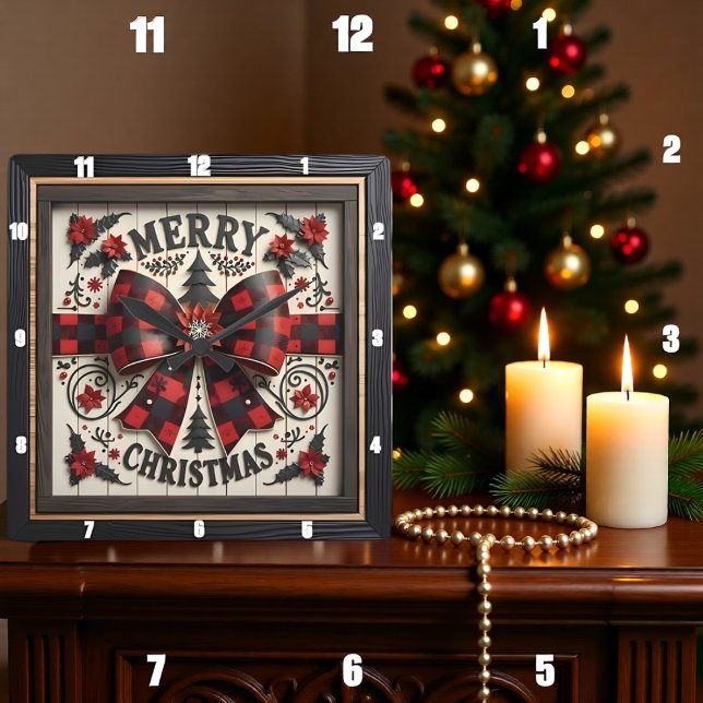 Buffalo Plaid Bow Merry Christmas Square Wall Clock (Creator Uploaded)